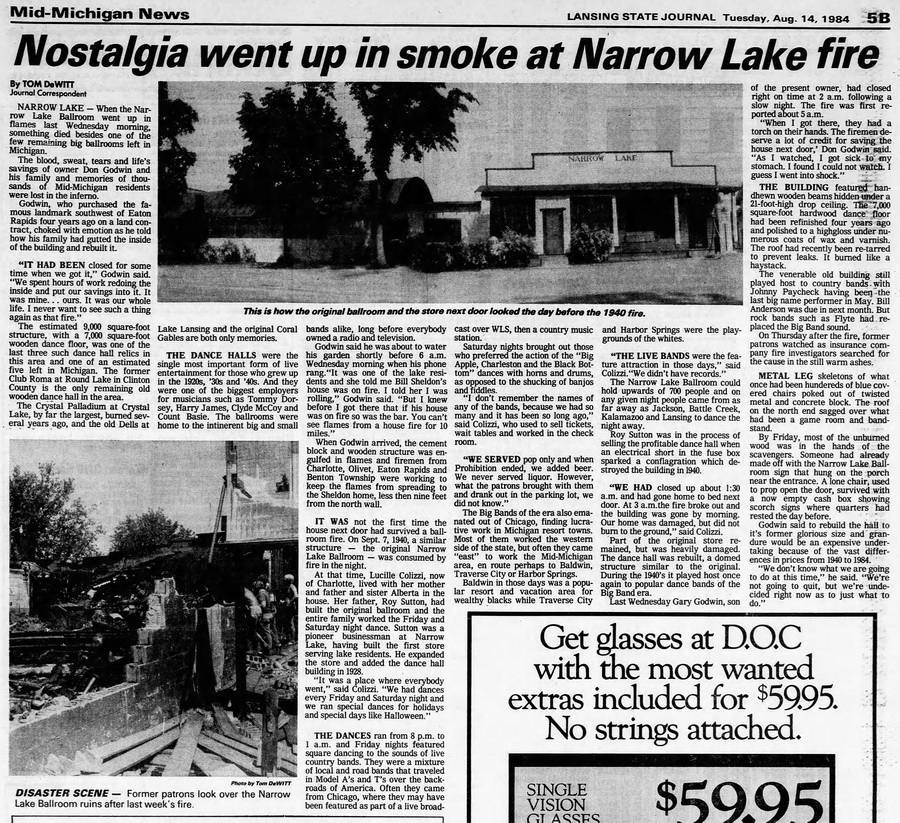 Narrow Lake Ballroom - Lansing State Journal Aug 14 1984 (newer photo)